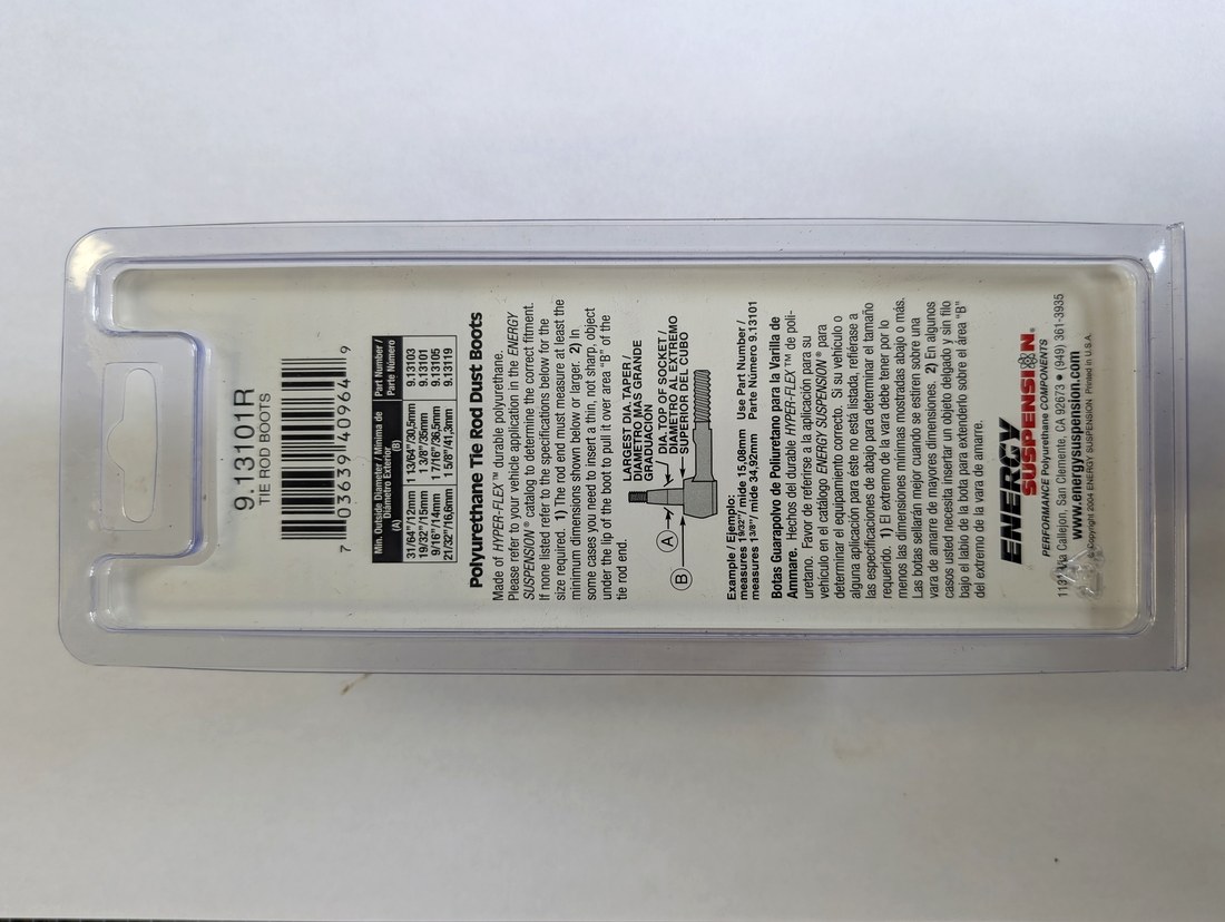 Energy Suspension tie rod end boot sizing chart on package back